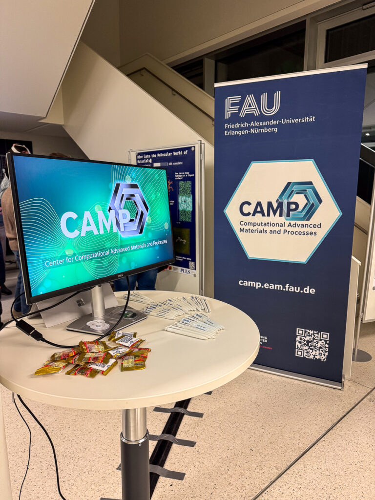 The CAMP booth with Haribo, Buttons and Pen giveaways, the CAMP video demonstrator and the CAMP rollUp in the background.